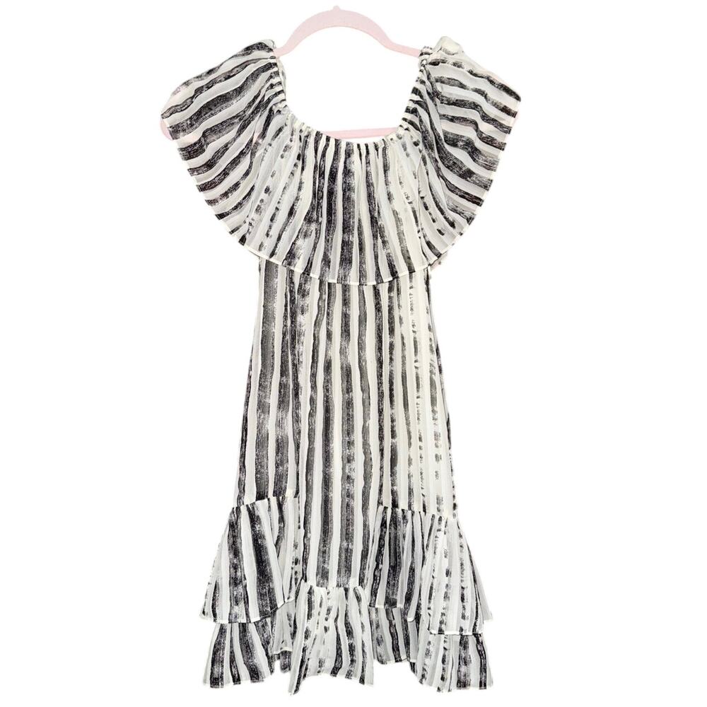 19 cooper NWT white gray black stripes ruffle dress Small off the shoulder